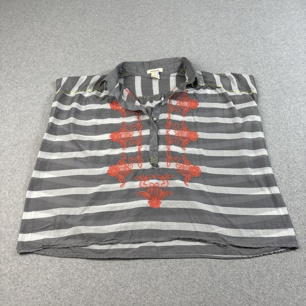 Sundance Shirt Women Small Gray Striped Embroidered Boho Cotton Blouse Boxy Crop
